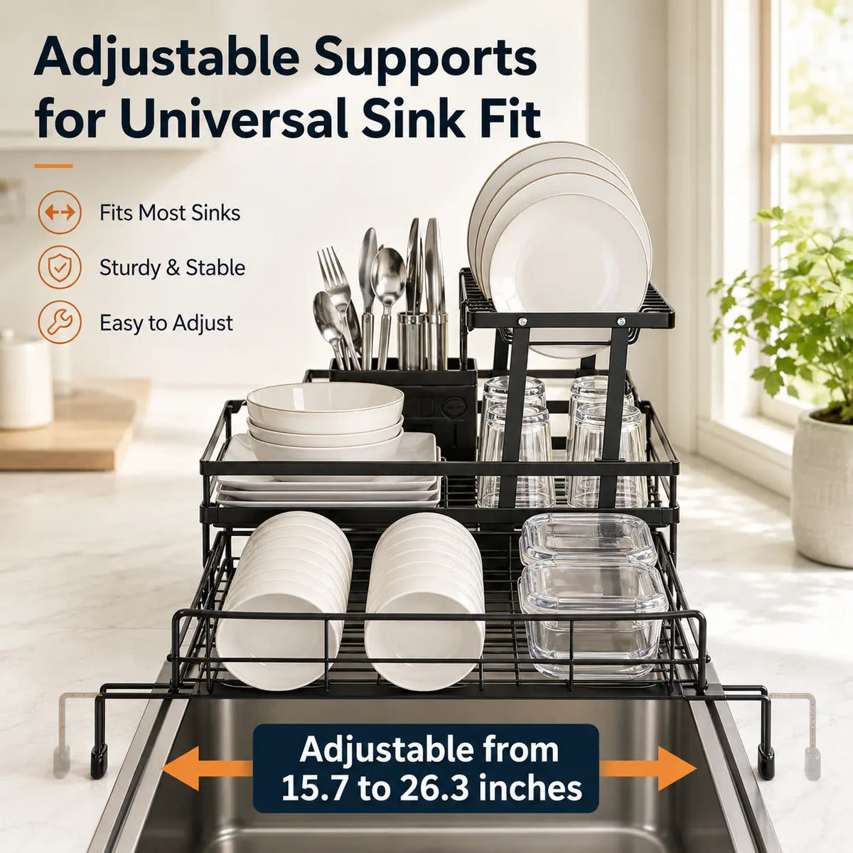 Snofrid Foldable Over-Sink 2-Tier Dish Drying Rack - Pull-Out Dish Drainer with Utensil Holder, Cup Rack, Draining Boards, Drain Spout, Rustproof Steel for Long Use, Anti-Rust Space-Saving Kitchen Organiser Home Accessory