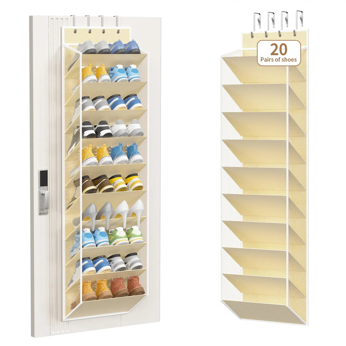 20 Pair Shoe Storage Bag, 10 Tier Hanging Organizer, Mesh Shoe Rack with 4 Metal Hooks, Closet and Door Back Storage Solution