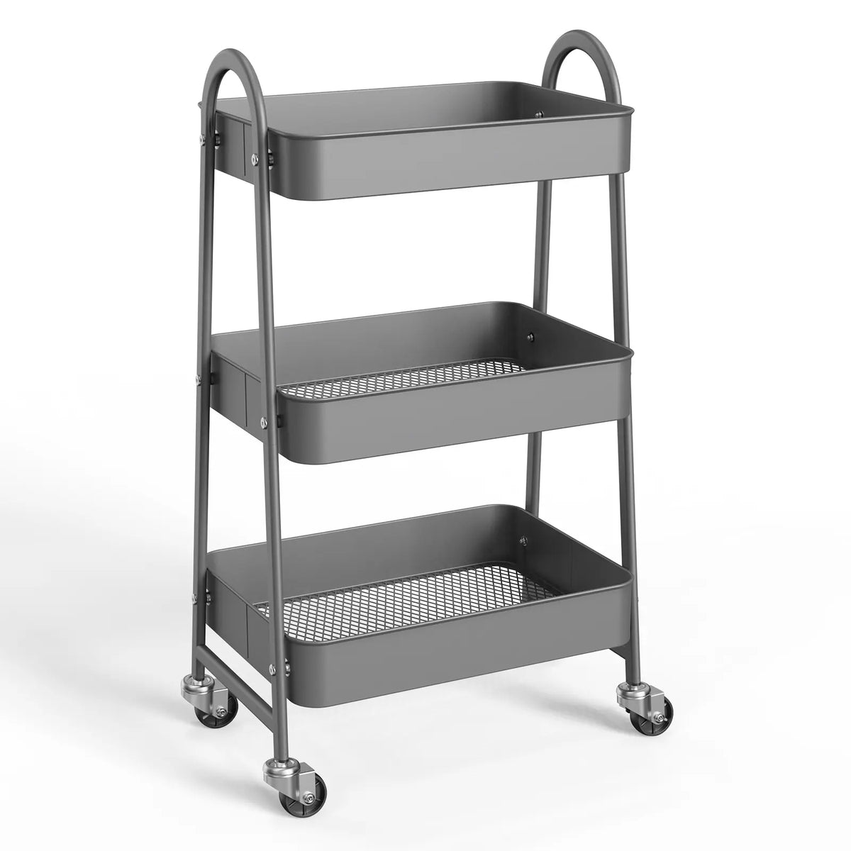 3-Tier Stable Metal Rolling Cart Organization - Indoor Storage Utility Trolley with Locking Wheels, Narrow Mobile Rack for Bedside Snack Cart, Magazine Shelf Use