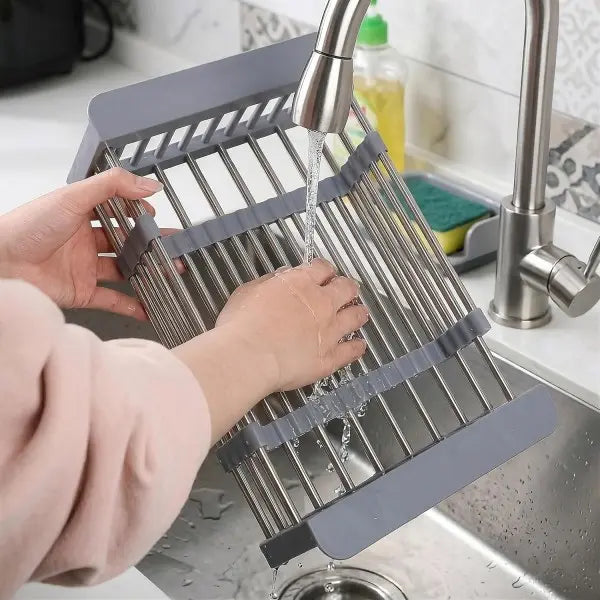 Stainless Steel Telescopic Rectangle Kitchen Sink Drain Basket Organiser - 1-Piece Adjustable, Slide-Easy Fit Over-Sink Rack, Portable Space-Saving Home Storage Accessory for Vegetables, Fruits