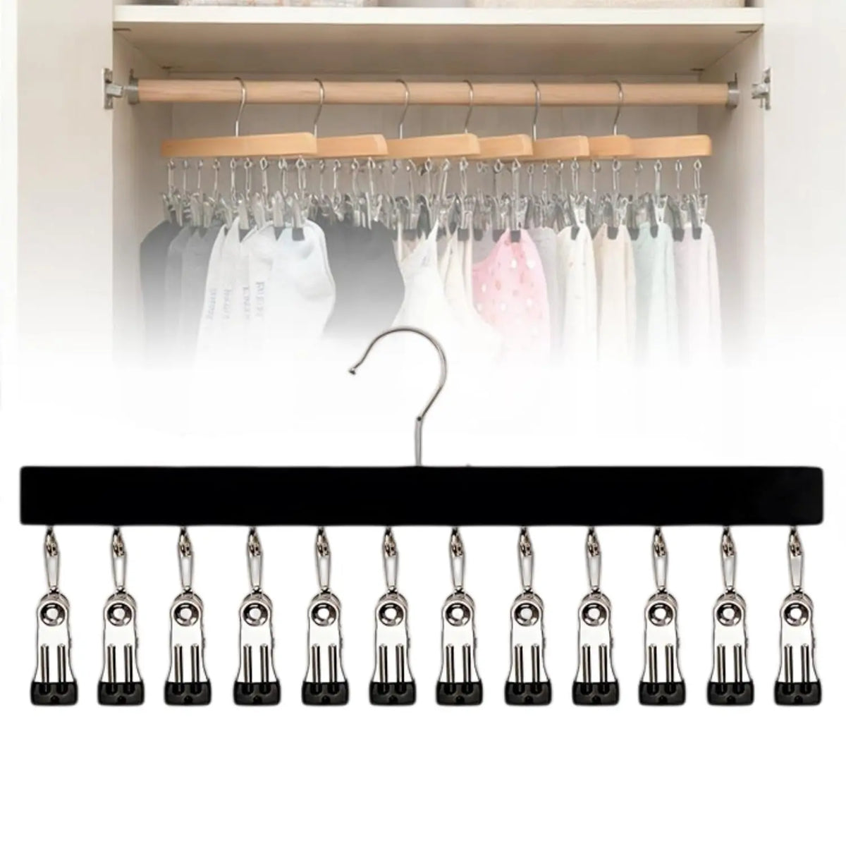 Upgraded Wooden-Steel Legging sturdy Hanger with 12 Non-Slip Clips, Storage Organization Solution Ideal for Closet Storage, Fits Jeans, Yoga Pants, Bra Belt Sock & More (1/2 Pcs)