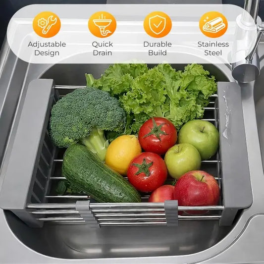 Stainless Steel Telescopic Rectangle Kitchen Sink Drain Basket Organiser - 1-Piece Adjustable, Slide-Easy Fit Over-Sink Rack, Portable Space-Saving Home Storage Accessory for Vegetables, Fruits