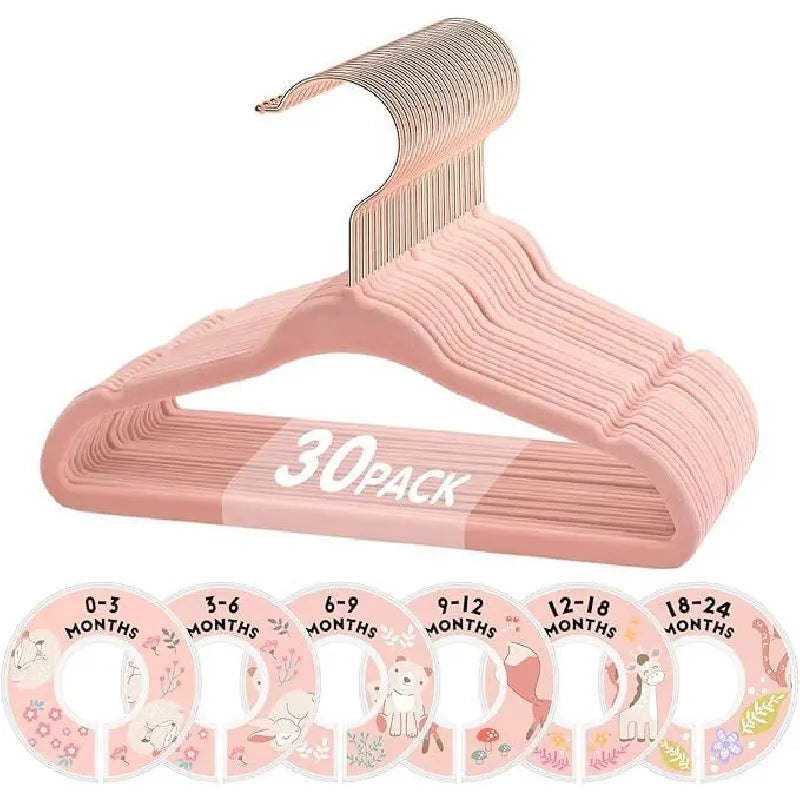 Velvet Baby Clothes Hangers - 30pcs 11in ABS Soft Non-Slip Hanging Nursery Closet Organizer, 6 Adjustable Dividers, Metal-Plastic Hooks, Beige Toddler Home Accessory (Great Gift Option)