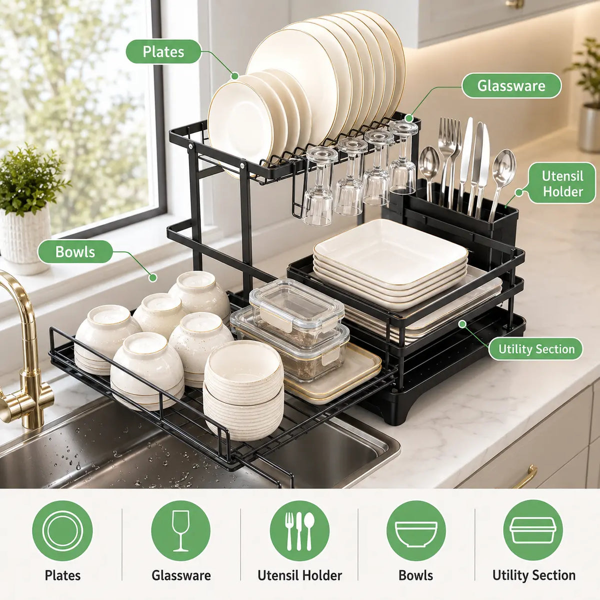 Snofrid Foldable Over-Sink 2-Tier Dish Drying Rack - Pull-Out Dish Drainer with Utensil Holder, Cup Rack, Draining Boards, Drain Spout, Rustproof Steel for Long Use, Anti-Rust Space-Saving Kitchen Organiser Home Accessory