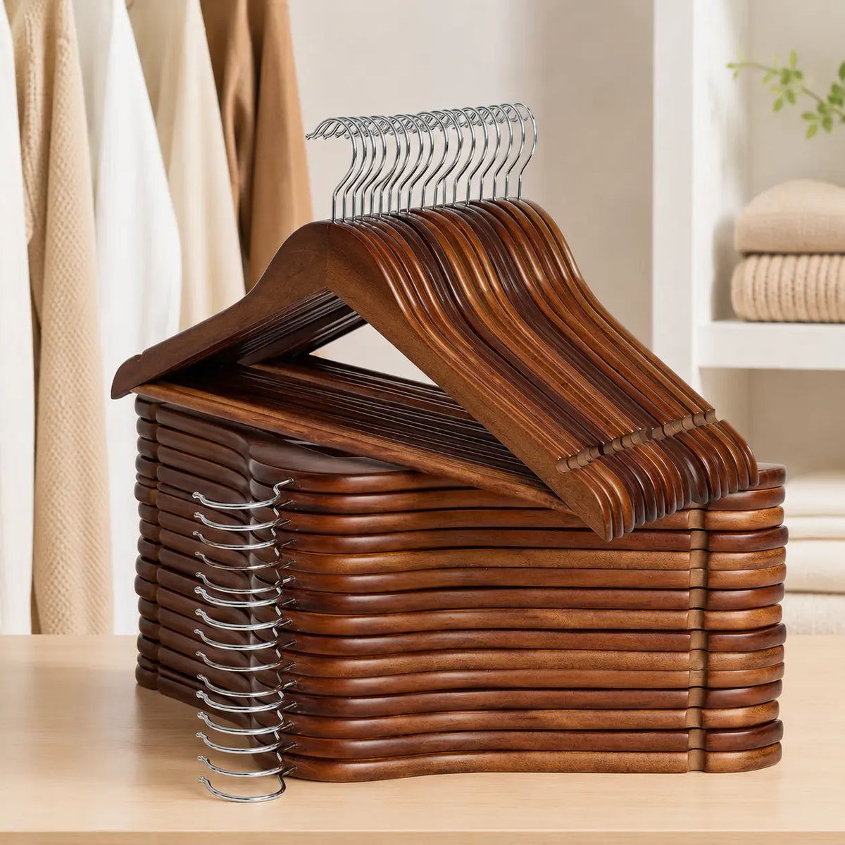 Raybee 17.32" Soild Wooden Coat Hangers,10~30 Pack Clothes Hangers ,Natural Wood Suit Hangers with Non Slip Pant Bar & 360 Degree Rotatable Hook ,Clothes Hangers for Shirts, Jackets, Dress, Pant, Perfect for your closet.
