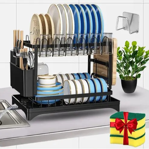2-Tier Dish Drying Rack with 3 Sponges and 1 Holder, Large Capacity Dish Drying Organizer with Drainboard, Kitchen Space Saver Cutlery Organizer