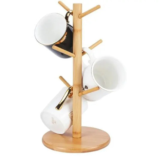 Bamboo Mug Tree Holder, Upgraded Screw Type 6 Hooks Coffee Mug Holders, Decorative Mug Racks for Counter, Non-Slip Coffee Mug Cup Trees