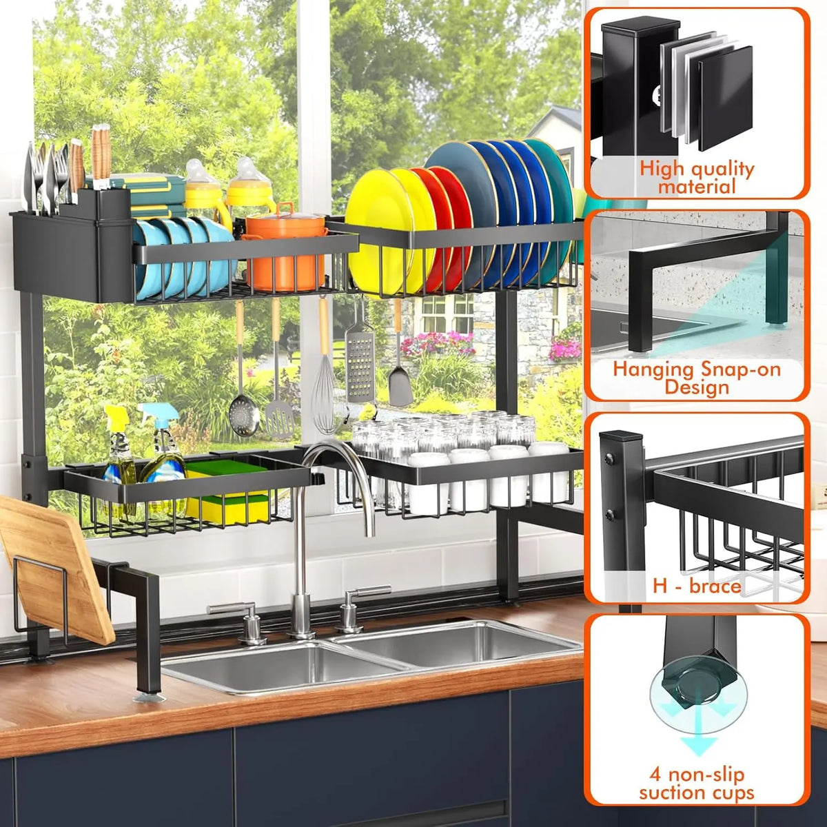 H-Shaped Hard Metal Over Sink Dish Drainer Organizer - 2-Layer Expandable Countertop Rectangle Shelf with 4 Baskets, Adjustable Standing Shelf, Mix-Match Boards for 26.57"-35" Sinks, Efficient Draining, H-Shape Makes Cleaning Easy