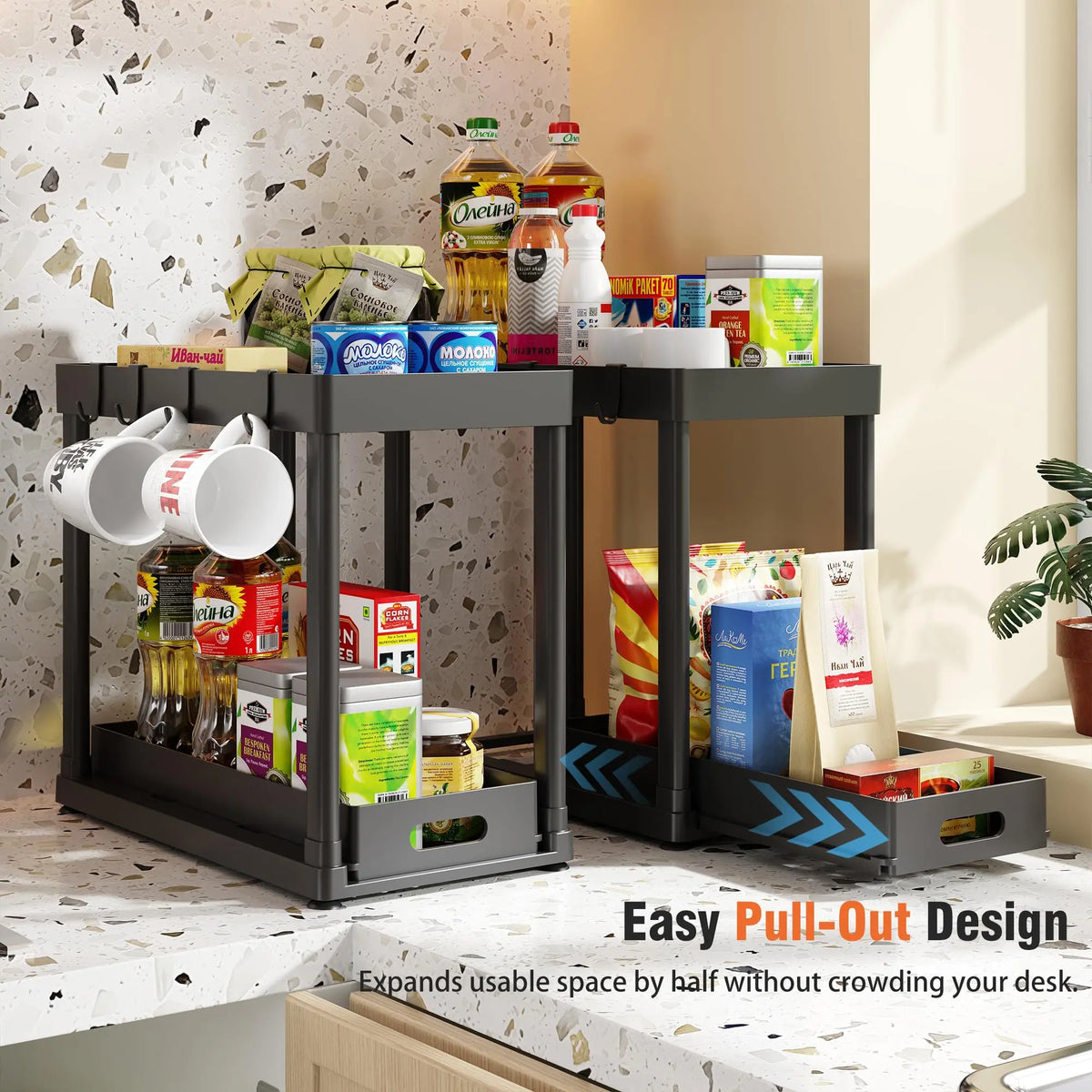 2pack-black Under Sink Sturdy Open Shelf Organizer (2-Pack, 15x8x12.8"), Plastic Multi-Purpose Anti-Slip Sliding Baskets with 8 Hooks, Durable Metal Feels Solid Daily Household Items for Kitchen Cabinets, Small Items Visible Storage Accessory