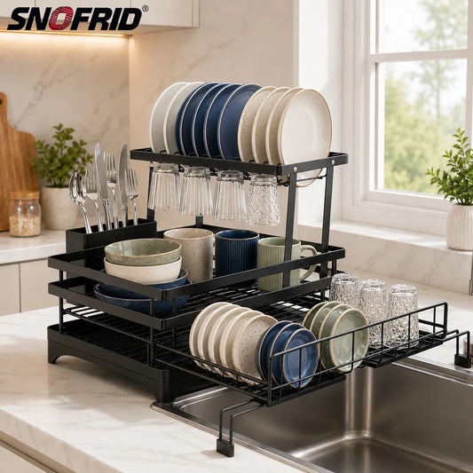 Snofrid Foldable Over-Sink 2-Tier Dish Drying Rack - Pull-Out Dish Drainer with Utensil Holder, Cup Rack, Draining Boards, Drain Spout, Rustproof Steel for Long Use, Anti-Rust Space-Saving Kitchen Organiser Home Accessory