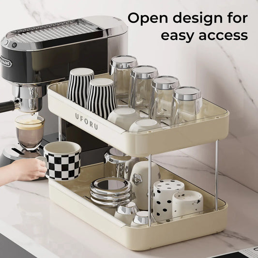 UFORU Vintage 2-3 Tier Square Form Cup Drainer with Dripping Tray, Space-Saving Multilayer Countertop Mug Organizer, Kitchen Desktop Storage Organization Single Unit (Compatible with Drain Rack Drawer Units, White/Black/Green) - 2-Tier White