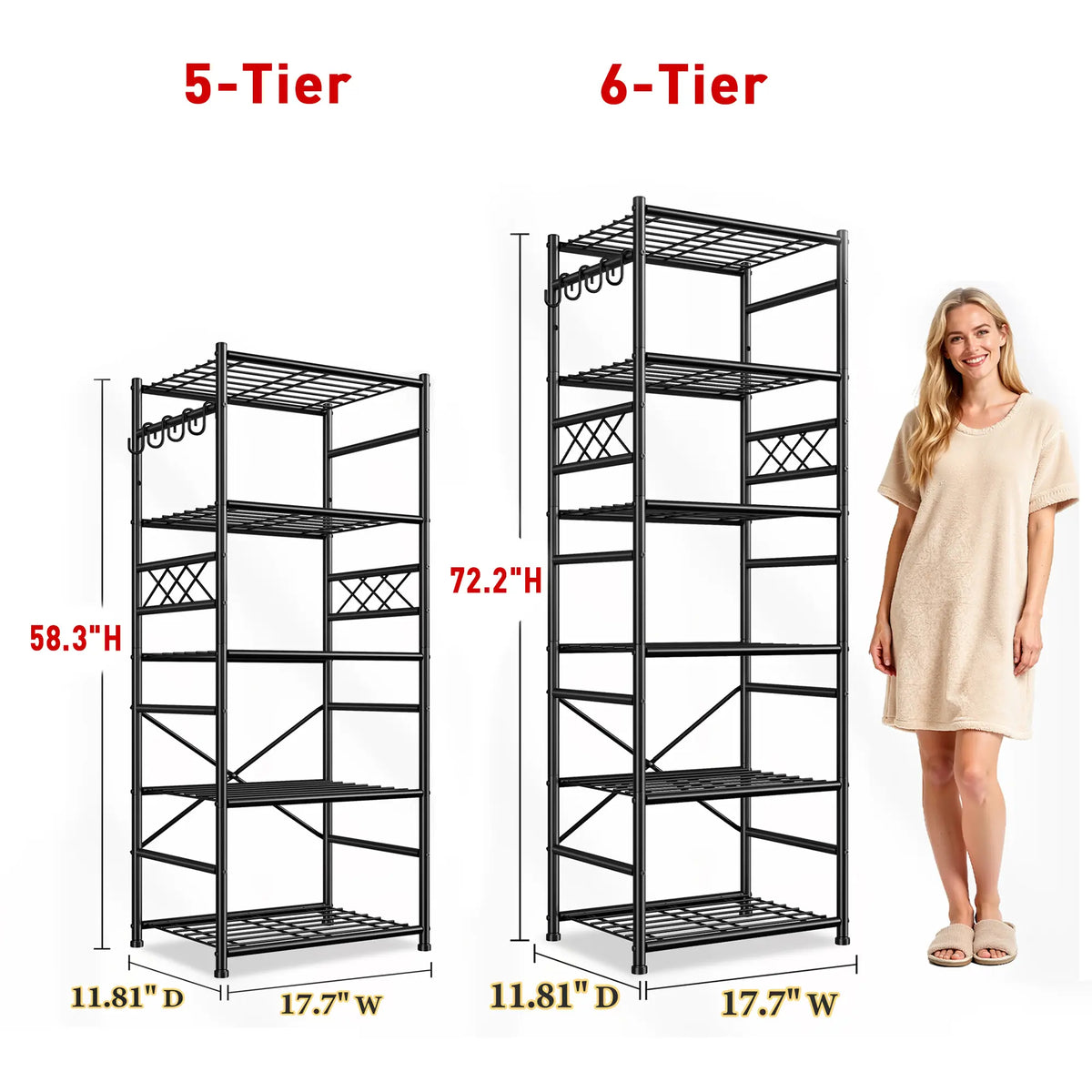 Raybee 5-Tier/6-Tier Storage Shelves, Sturdy Metal Shelving Units with Hooks,Wobble-Free Utility Storage Racks with Leveling Feet,Slim Standing Shelf Organizer for Garage Kitchen Corner Pantry, 17.7”W×11.8”D ×58.3”H