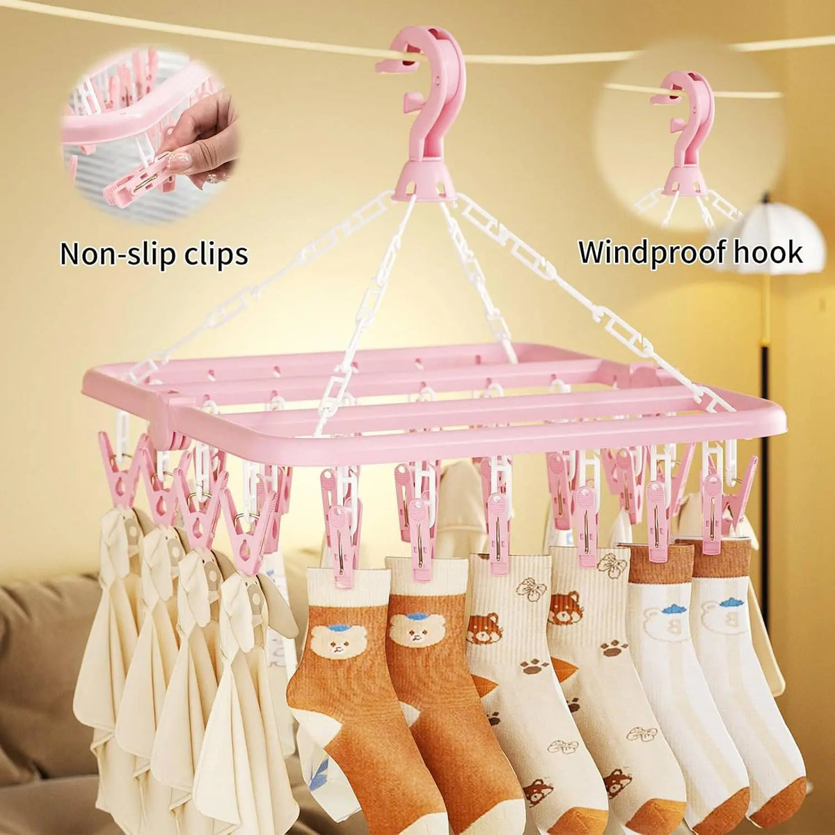 Plastic Compact Laundry Hanging Rack - Lightweight Eco-Friendly Durable Clothing Organizer, 32-Clips Hanger Space Saving Organiser Hanger, Foldable, 360° Rotatable Hook, Wall Mount Option, Adjustable Travel-Ready for Socks