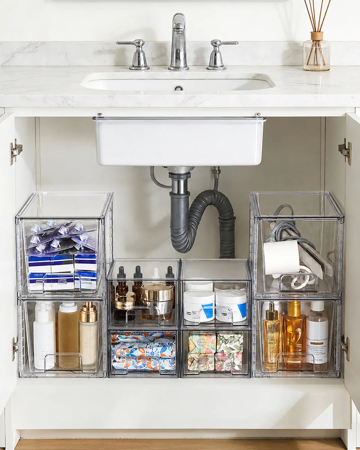 【Restock】Vtopmart 2-8 Pack 12in Stackable Undersink Storage Drawers - Easy-Assemble Plastic Box Organizer, Home Goods Storage Organization Solution for Bathroom Vanity Makeup Cosmetic Organizer Needs