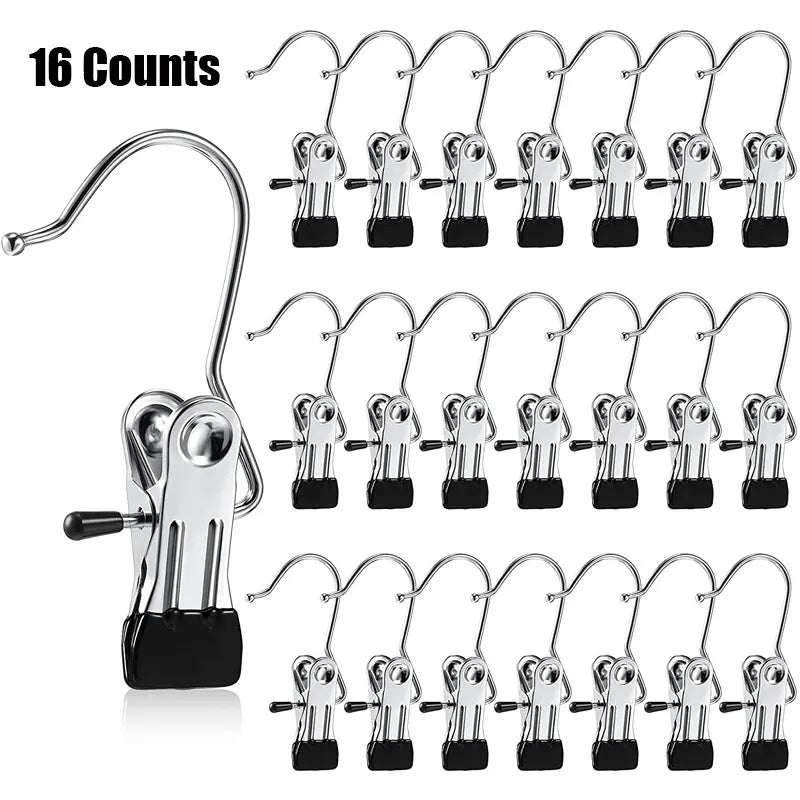 16-Count Stainless Steel Anti-Rust Clip Clothespins - Rubber-Tip Safety Hanger Accessories, Windproof Drying Solution, Waterproof for Laundry Day, Compact Pants Hangers for Towels & Travel Organization