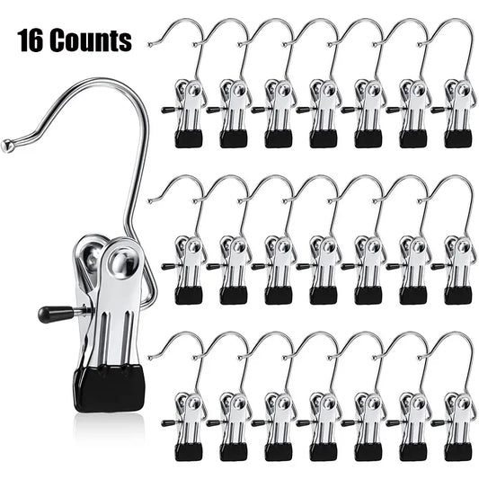 16-Count Stainless Steel Anti-Rust Clip Clothespins - Rubber-Tip Safety Hanger Accessories, Windproof Drying Solution, Waterproof for Laundry Day, Compact Pants Hangers for Towels & Travel Organization