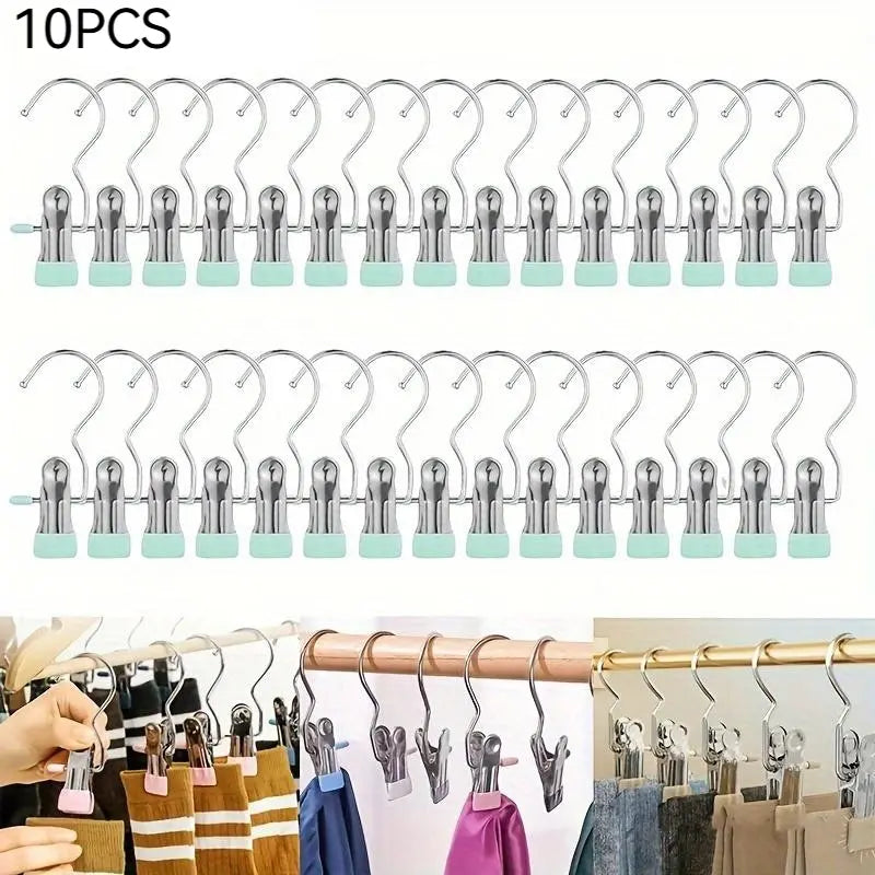 Multi-Functional Metal Clothes Clips with Hooks, Portable 360° Rotating Closet Organizer, Home Storage Clips for Laundry and Apparel, Clip Hangers for Pants