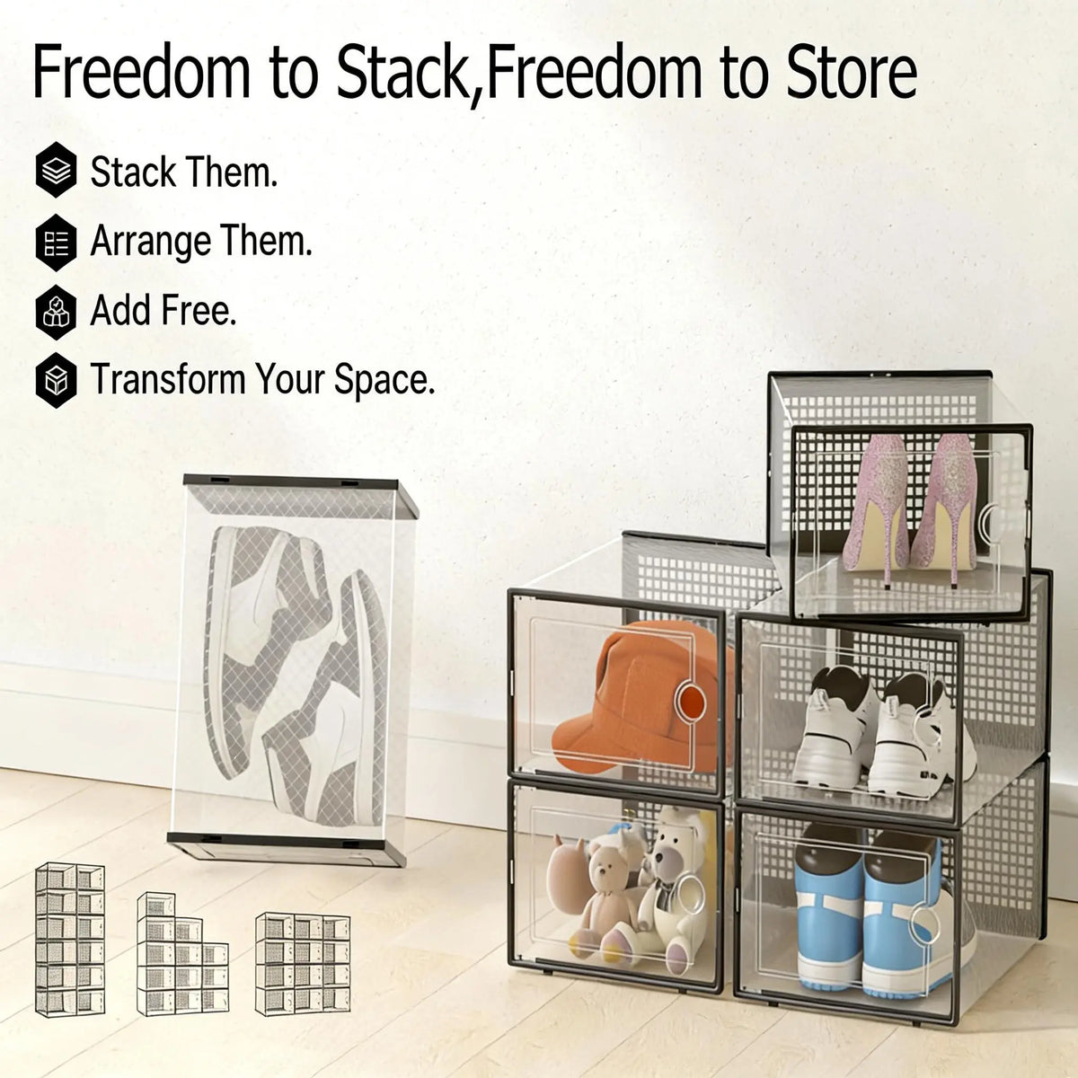 12-Pack X-Large Reinforced Frame Stackable Shoe Storage Boxes - Shoe Rack Substitute, Dust-Protective Closet Storage Solutions, Black Plastic Organizers for Entryway, Under Bed, Toys