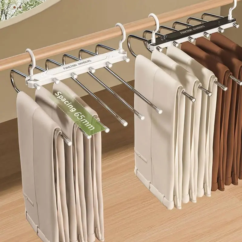 6 Layer Pants Hanger Space Saving Closet Organizer, Multifunctional Folding Clothes Rack with 65mm Wide Spacing, Anti-Slip for Jeans Trousers Wardrobe