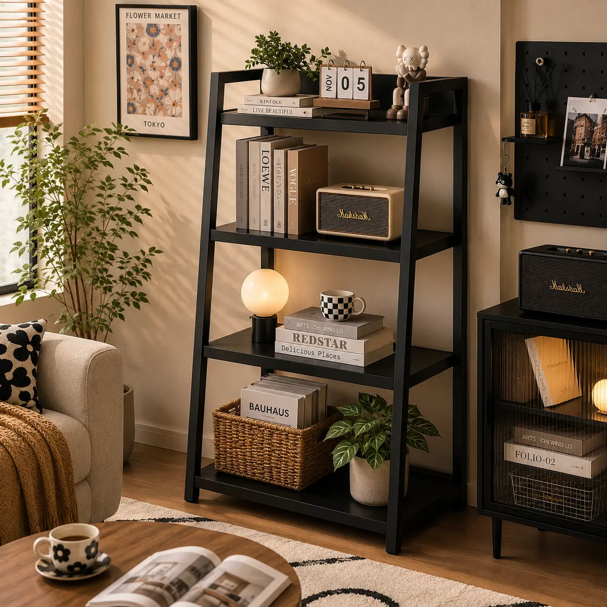 4-Tier Load-Bearing Metal Bookshelf - Floor-Standing Storage Rack, Bedroom Storage Solution, Space Saving Furniture for Small Rooms, Moisture-Resistant Industrial Home Library Organizer