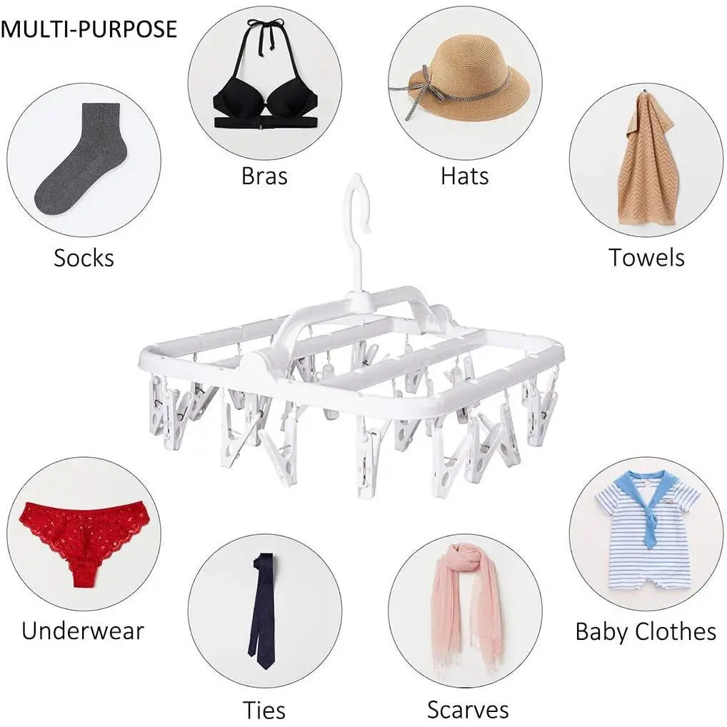 Foldable Clip Hangers with 26 Drying Clips, Underwear Hanger with Clips, Plastic Laundry Clip and Drip Drying Hanger for Socks, Bras, Lingerie, Clothes, Sturdy, White