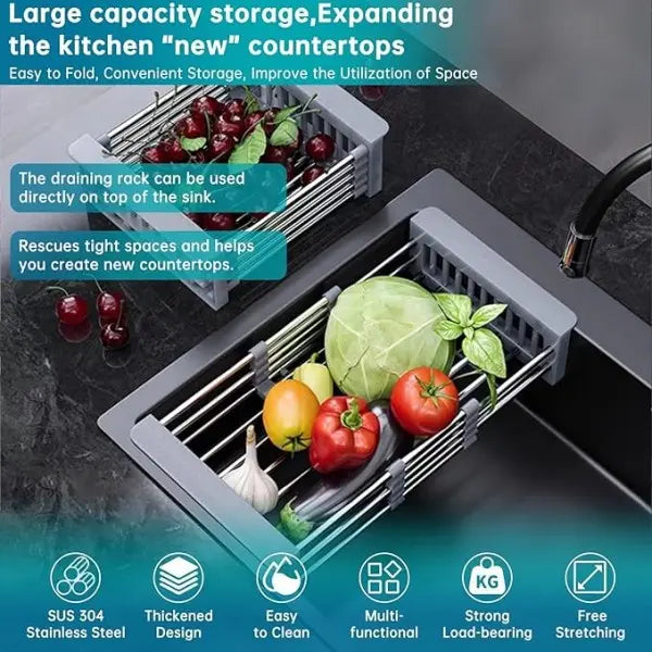 Stainless Steel Telescopic Rectangle Kitchen Sink Drain Basket Organiser - 1-Piece Adjustable, Slide-Easy Fit Over-Sink Rack, Portable Space-Saving Home Storage Accessory for Vegetables, Fruits