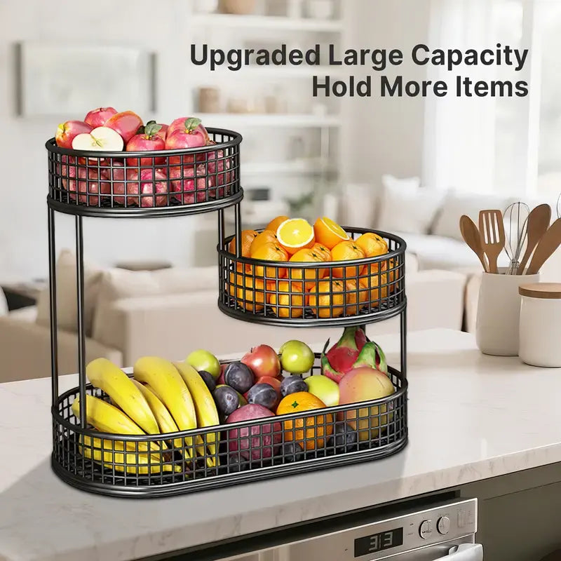 LOVEWE 3-Tier Rustproof Metal Fruit Basket Organizer with Hook Saves Space, Compact Efficient Countertop Storage for Fruits & Vegetables, Space-Saving Kitchen Decor Rack, Kitchen Gadget
