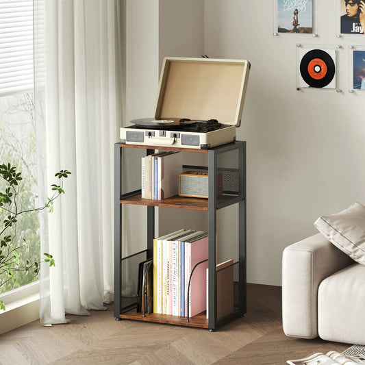 Sweetcrispy 3-Tier Lightweight Vinyl Record Player Stand - Metal & Wood Storage Organizer, Sofa Side Table Rack for Living Room, Holds Up to 100 Albums, Home Storage Organization Solution for Records & Books