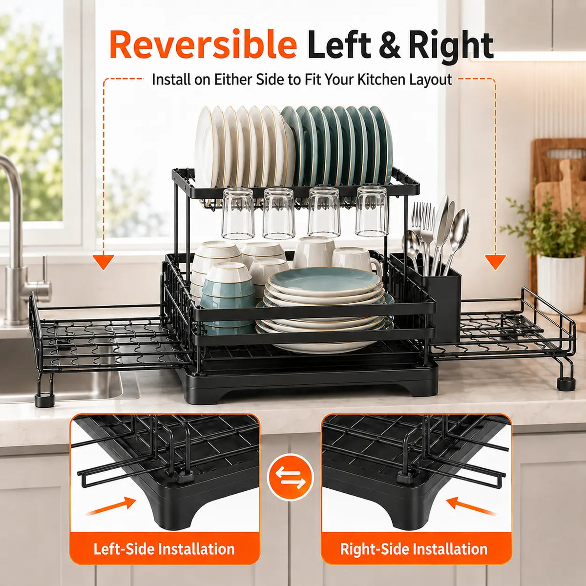 Snofrid Foldable Over-Sink 2-Tier Dish Drying Rack - Pull-Out Dish Drainer with Utensil Holder, Cup Rack, Draining Boards, Drain Spout, Rustproof Steel for Long Use, Anti-Rust Space-Saving Kitchen Organiser Home Accessory