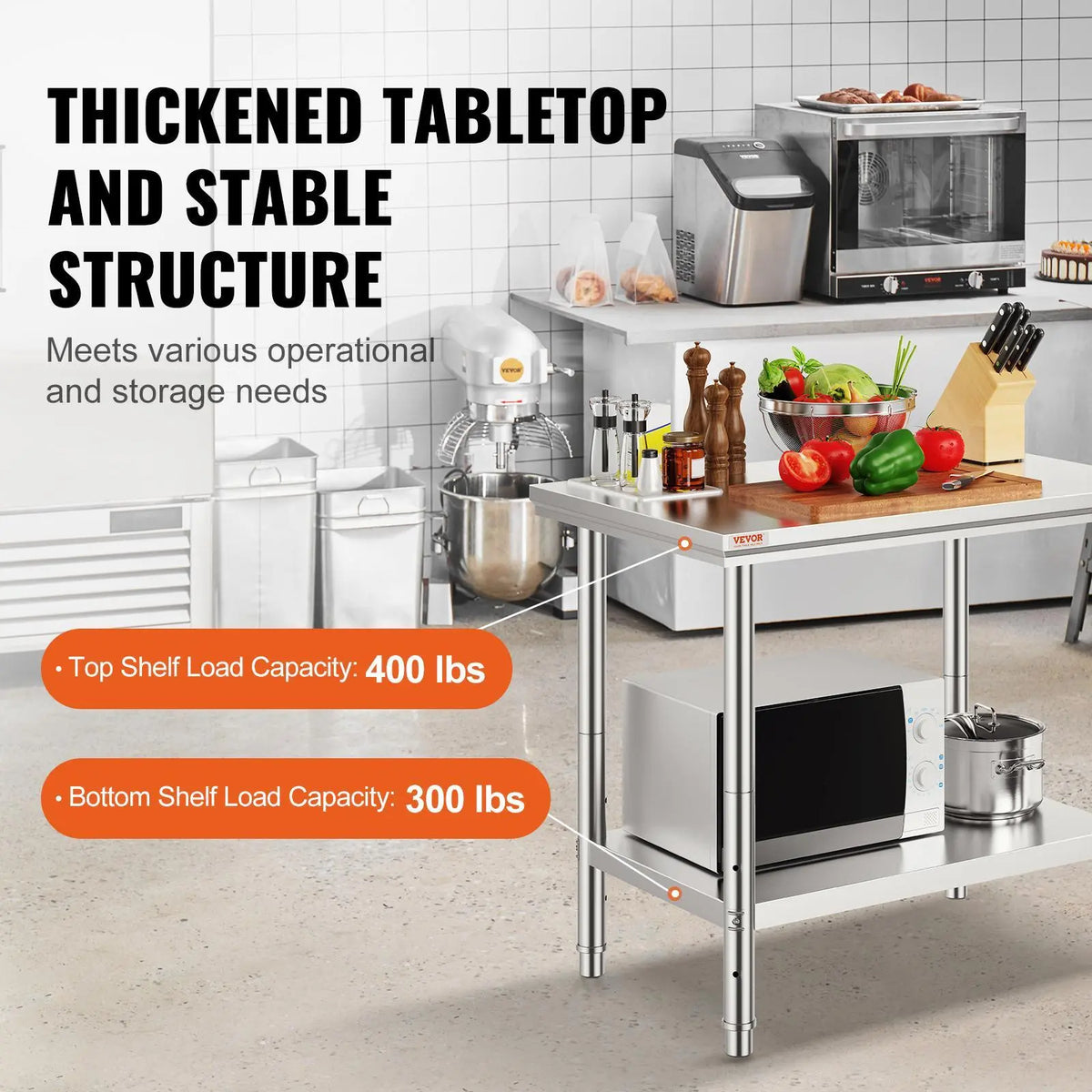 VEVOR Smooth Stainless Steel Prep Table with Shelf, 35x24x31 in, 700 lbs Load Capacity, Heavy-Duty Metal Worktable, 3 Adjustable Height Levels, Commercial Workstation for Kitchen, Garage#SohoChic