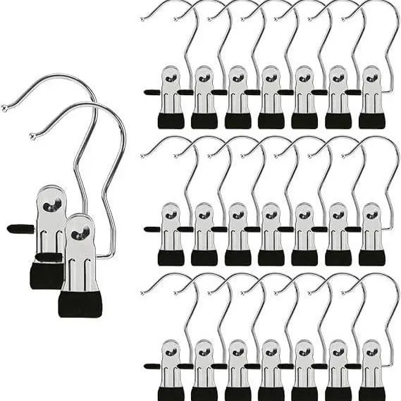 Heavy Duty Stainless Steel Hangers (16-Count) - Anti-Rust Adjustable Clips, Rubber Tips for Fabric Protection, Strong Grip, Waterproof, Non-Slip Neutral Compact Organizer for Towels, Pants - Clothes Storage Solution (Hangers & Pegs)