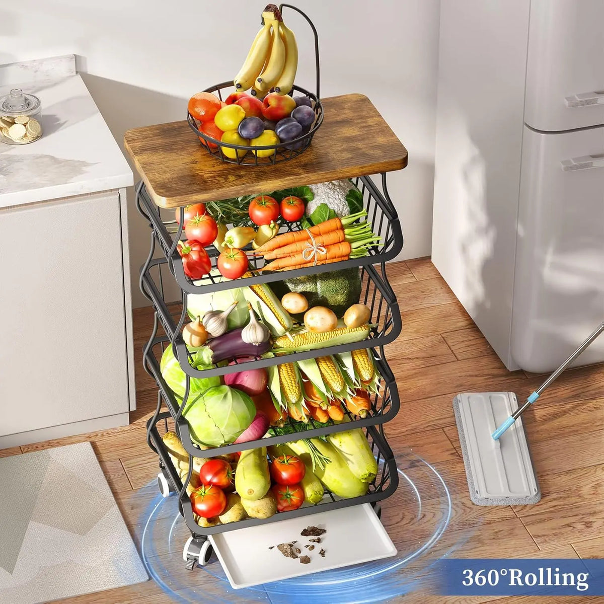 5-Tier Wooden Top Metal Wire Mesh Fruit & Vegetable Organiser, Stackable Kitchen Storage Cart with Wheels, Garage & Pantry Bin Rack for Onions & Potatoes