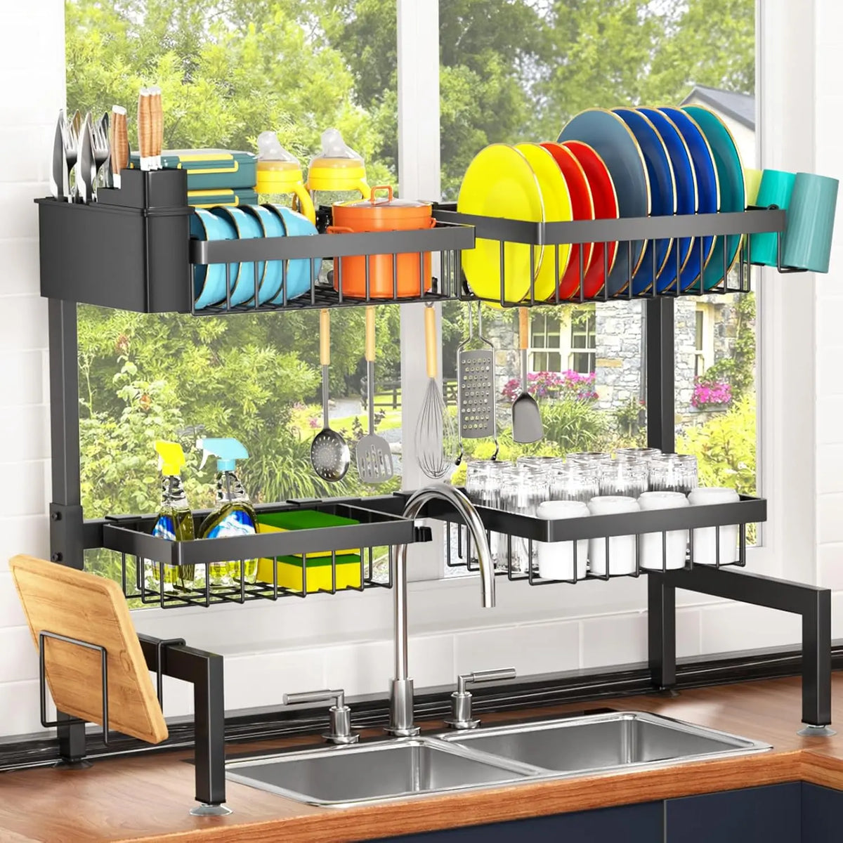 H-Shaped Hard Metal Over Sink Dish Drainer Organizer - 2-Layer Expandable Countertop Rectangle Shelf with 4 Baskets, Adjustable Standing Shelf, Mix-Match Boards for 26.57"-35" Sinks, Efficient Draining, H-Shape Makes Cleaning Easy