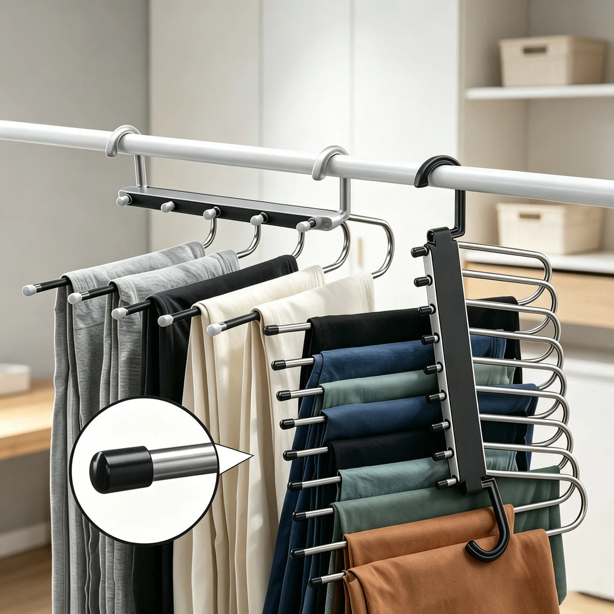 Black 9-Layer Compact 9-Tier Foldable Durable Scratch-Resistant Metal Pants Organiser Hanger - Stainless Steel Space Saver Hanger for Jeans, Leggings, Trousers, Dresses, Bedroom Clothes Storage