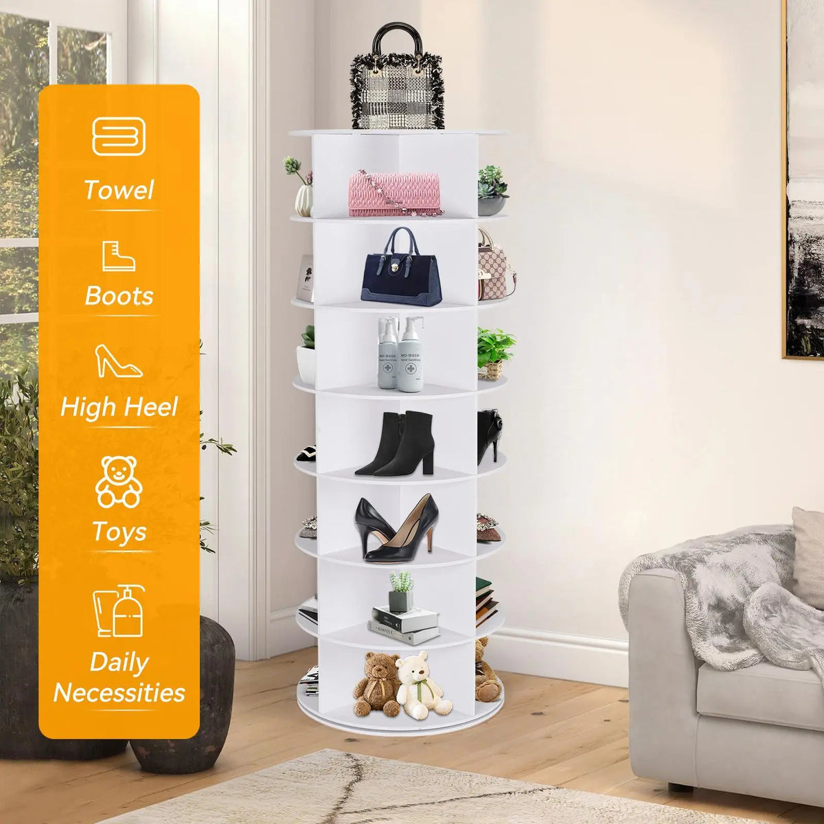 360° Rotating 7-Tiers Organizer Shoe Rack, Fits 28 Pairs of Shoes, Spinning and Revolving 360 Shoe Rack Storage Round Carousel, for Entryway Living Room Hallway Footwear Organization