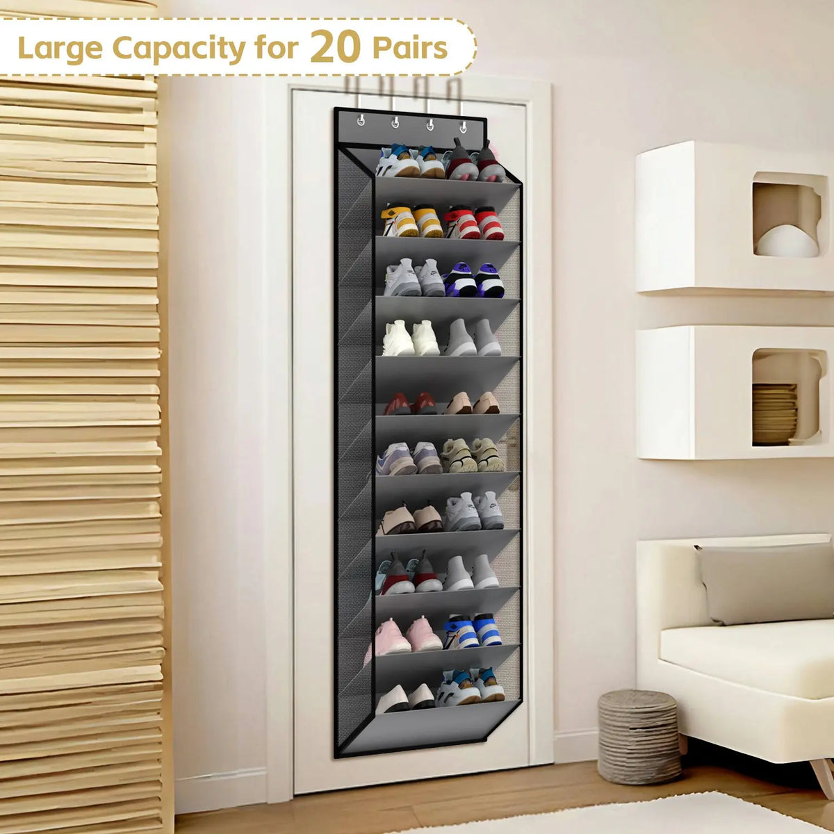 20 Pair Shoe Storage Bag, 10 Tier Hanging Organizer, Mesh Shoe Rack with 4 Metal Hooks, Closet and Door Back Storage Solution