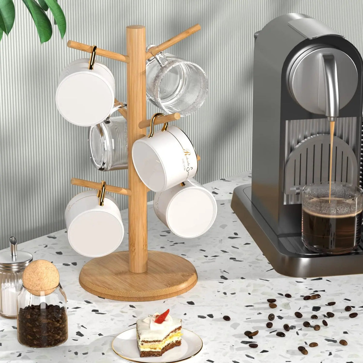 Bamboo Mug Holder Tree with 6 Hooks, Thicker Base Coffee Cup Stand for Countertop, Sturdy and Space-Saving Mug Rack for Kitchen Organizer