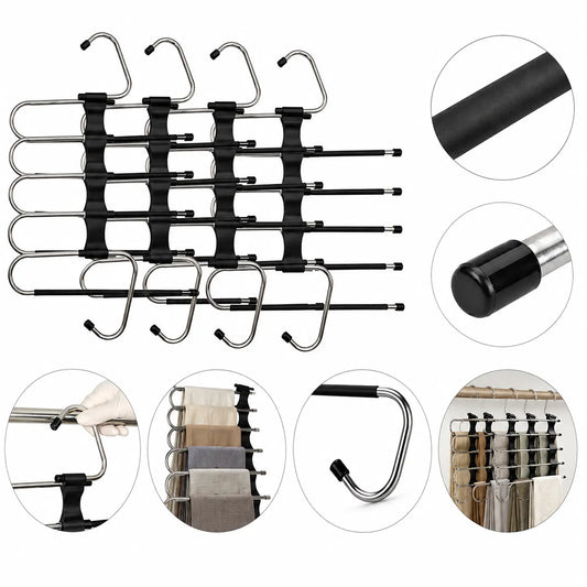 4 Pack 5-Tier Heavy-Duty Stainless Steel Pants Hangers - Sturdy Space-Saving Clothing Organizer with 20 Clips, Protective Cap, Scratch Resistant, Adjustable Rack for Apartment Closet Trousers Leggings (Black)