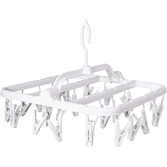 Foldable Clip Hangers with 26 Drying Clips, Underwear Hanger with Clips, Plastic Laundry Clip and Drip Drying Hanger for Socks, Bras, Lingerie, Clothes, Sturdy, White