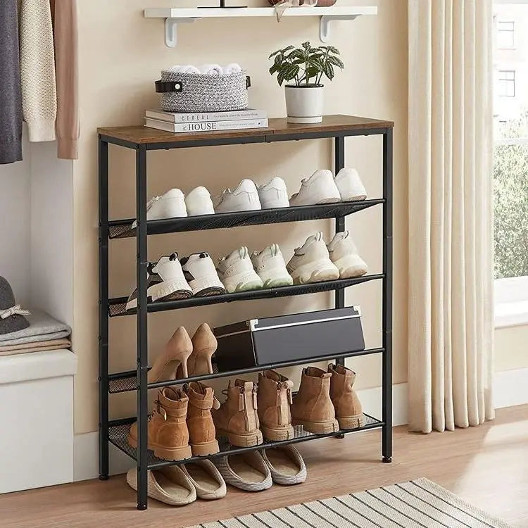 SONGMICS HOME Free-Standing Industrial Shoe Rack - Durable, Space-Saving Shoe Organizer with Sturdy Wooden Top & Steel Frame, Holds 16-20 Pairs, Antitip Kit Incl