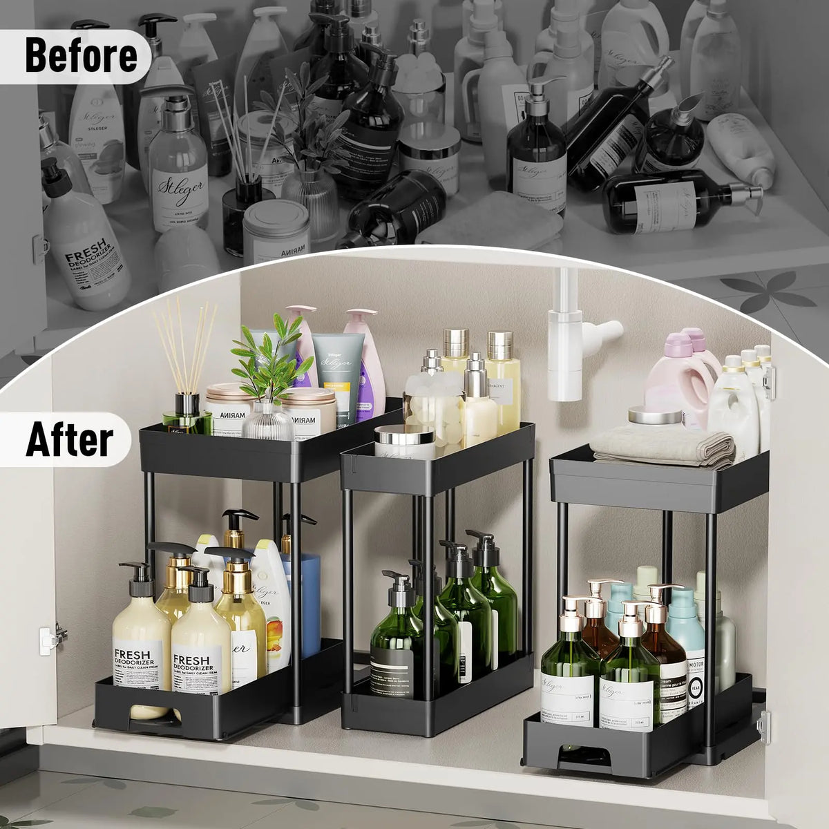 YECAYE 3-Pack 2-Tier Adjustable Storage Rack, Slide-Out Spice Bottle Holder for Large/Small Spaces, Under-Sink & Countertop Organizer for Tiny Kitchens, 3 Units Space-Saving Shelving for Baking & Bathroom Use