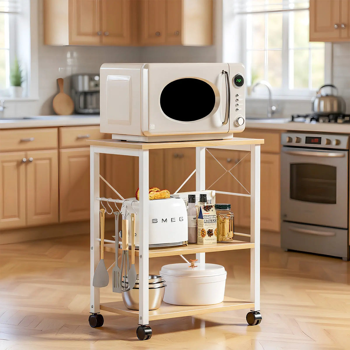 3-Tier Rolling Kitchen Cart - Standing Baker's Rack & Appliance Storage Shelf, Microwave Stand for Small Spaces w/Wheels Smooth Water Proof Wooden