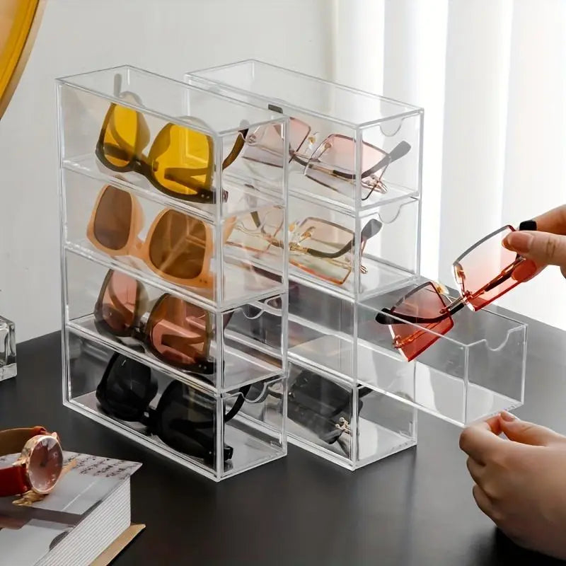 Clear Acrylic Sunglasses Storage Box, 1 Count 4 Layer Sunglasses Display Box, Sunglasses Organizer, Home Organizer for Living Room Bedroom, Multi Grids Organizer, Durable Storage Organizer