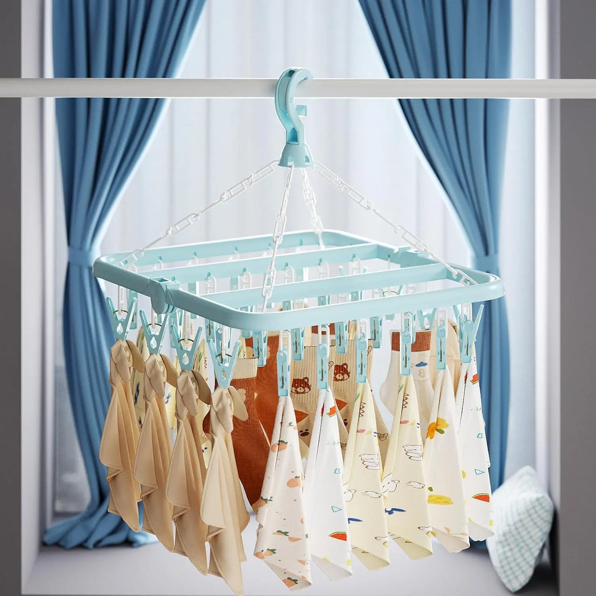 Plastic Compact Laundry Hanging Rack - Lightweight Eco-Friendly Durable Clothing Organizer, 32-Clips Hanger Space Saving Organiser Hanger, Foldable, 360° Rotatable Hook, Wall Mount Option, Adjustable Travel-Ready for Socks