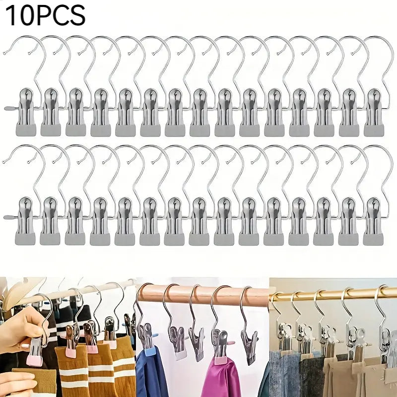 Multi-Functional Metal Clothes Clips with Hooks, Portable 360° Rotating Closet Organizer, Home Storage Clips for Laundry and Apparel, Clip Hangers for Pants