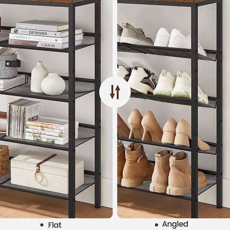 SONGMICS HOME Free-Standing Industrial Shoe Rack - Durable, Space-Saving Shoe Organizer with Sturdy Wooden Top & Steel Frame, Holds 16-20 Pairs, Antitip Kit Incl