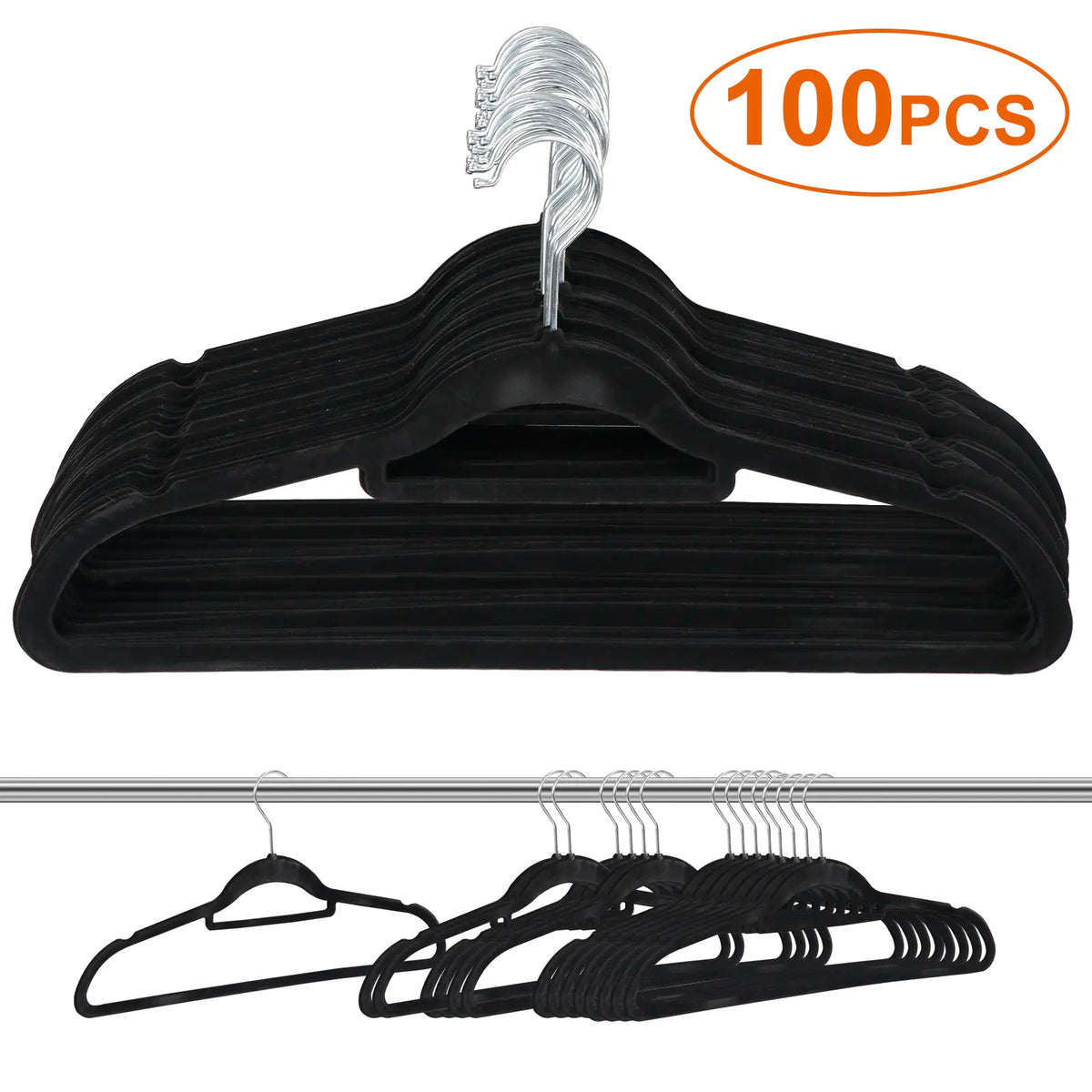 100-Pack Bulk Heavy Duty Slim Non-Slip Velvet Plastic Hangers, 360-Degree Swivel Hook, Notched Shoulders, Lightweight House Organizers for Closet Organization That Maximizes Closet Space, Suits