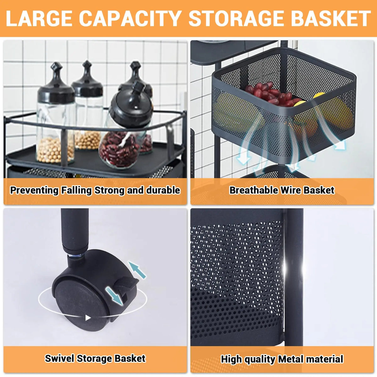 Garvee Upgraded Rotating Metal Mesh Kitchen Storage Rack Cart – 5 or 6 Tiers – Rolling Organizer for Fruits, Vegetables, Snacks – Lockable Wheels – Space-Saving Pantry, Bathroom, Living Room Shelf – Black or White
