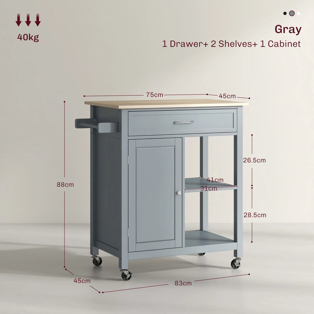 HOMCOM Compact Kitchen Island Organiser Cart on Wheels - Portable Storage Unit with Cabinet, Racks, Storage Shelf & Drawer for Dining Room, Grey