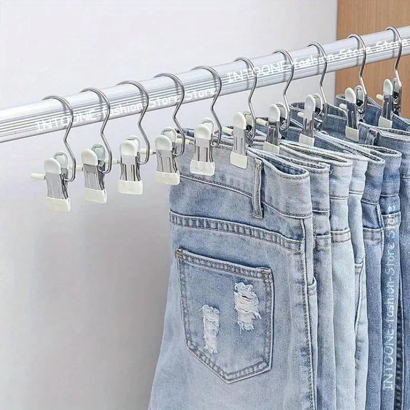 10pcs Stainless Steel Heavy Duty Clothespins Laundry Clothes Pegs With Hook Portable Hanging Clothes Clips Closet Clothes Organizer Hanger